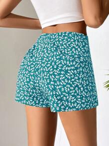 SHEIN PETITE 小碎花印花结饰侧裹下摆夏季短裙 - 綠色 - 查看 2
