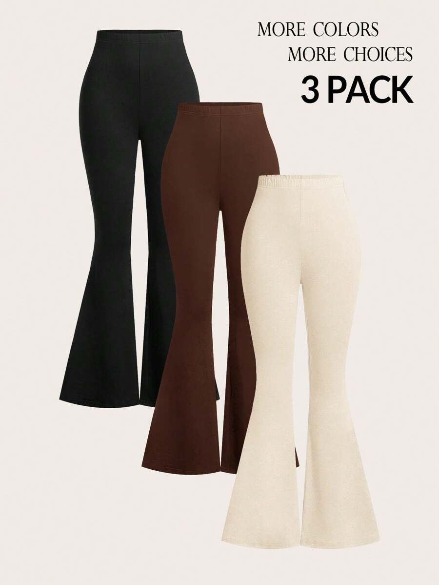 SHEIN Tall Women's Basic Three Pieces Solid Color Waist Tight And Flared Trousers Suit Suitable For All Seasons - Multicolor - View 1