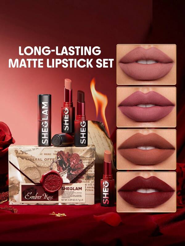 SHEGLAM Ruj Mat De Lungă Durată Dynamatte Boom (Set Ember Rose) 4 Buc/Set Cadou De Valentine Roz RoșU Set De Rujuri Nud Culoare UșOară, FăRă Transfer, Colectie De Farduri Pentru Buze, Crem-Mat Absolvire Zi De NașTere Vacanță Vară Toamnă Y2K Elegant Modă Femei Machiaj Cosmetice Petrecere Plajă CăLăTorie Camping ÎN Aer Liber ȘCoală Campus Excursie Festivaluri Decor Cadou Cadou Trandafir Fată Cosplay Cel Mai Bun Culoare Farmec Atmosferă