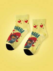 TOM & JERRY X SHEIN 1 Cặp Vớ Ngắn Màu Vàng Thời Trang Họa Tiết Chữ & Hoạt Hình Cho Nữ - Màu vàng - Xem 4