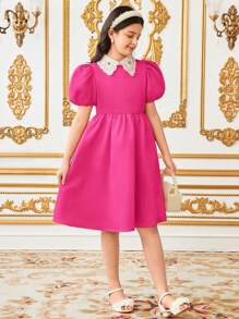 SHEIN فستان مينى للفتيات المراهقات بأكمام بارزة وطبعات زهور ملونة ، أنيق وأنيق - روز أحمر - مشاهدة 5
