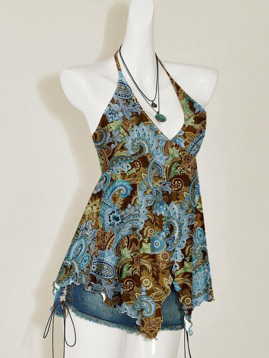 SHEIN ICON Boho Paisley Hippie Bohemian Retro Pattern Suitable For Music Festival, Bohemian Style, Vacation, Women's Simple Casual Plant Print Halter Neck Tank Top,Rave Top - Blue - View 1