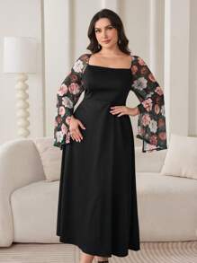 Modelyn Plus Size Elegant Floral Print Patchwork Dress - Multicolor - View 3