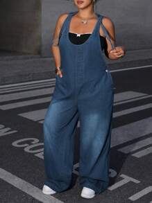 SHEIN EZwear Plus Size Blue Denim Overall Jumpsuit, Casual Fitted Bib & Brace Pants, Summer Outfits For Women/Summer/Summer Clothes/Cute Summer Tops, Easter/Easter Dress/Easter Outfit Women, Festival/Festival Outfits, Rave Outfits/Concert Outfit Women/Country Concert Outfit/Rave/Rave Outfits Festival/Nashville Outfits/Ibiza Outfits, Elegant, Boho/Bohemia/Boho Women's Clothing;Cowgirl/Cowboy, Brunch Outfits For Women