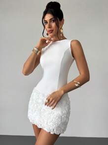 Firerie 女士优雅简约精致浪漫时尚派对度假音乐节日常穿着无袖紧身迷你连衣裙，花卉纹理面料 - 白色 - 查看 5