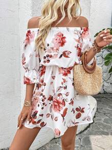 Breezaya 露肩印花连衣裙配腰带度假海滩装女士 - 橘色 - 查看 5