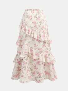 SHEIN Girlism Jupe à volants multicouches avec imprimé floral rose sur blanc, convient pour le printemps et l'été, sous-vêtements pour l'automne et l'hiver, imprimé pour les vacances, mignonne et douce
