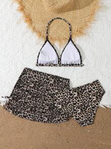 SHEIN 女童三件套比基尼套装，豹纹针织泳装和罩衫裙，时尚优雅休闲，适合游泳、度假、夏季年轻女孩夏季服装年轻女孩套装泳衣套装儿童两件套泳衣儿童泳衣套装儿童游泳、儿童沙滩装 - 彩色 - 查看 6