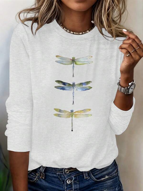 Women Colorful Dragonfly Animal Print Casual Fashion Crew Neck Long Sleeve T-Shirt