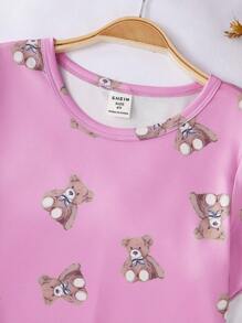 Young Girl Loose Cute Bear Print Ruffled Hem Long Nightgown, White, Summer - Pink - View 3