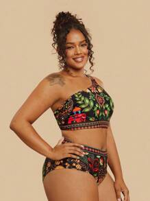Travachic Maiô Bikini Estampado Tropical com Detalhe Recortado e Decote Halter, em 2 Peças, para Mulheres Plus Size, Casual para Férias na Praia