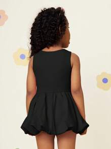 SHEIN Young Girl Fashion Solid Color Patchwork Round Neck Fitted Woven Dress - Black - View 5