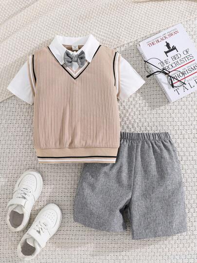 SHEIN Leap Crew 1 Pack Young Boys Boys Casual College Comfort Stylish Simple Practical Street Fashion Versatile Soft Comfort Matching 2 In 1 Set Suitable For Kids Clothing, Kids Clothing, Boys School Clothing, Suitable For Birthday Parties, Parties, Shows, Weddings, Christenings, Openings, Daily Use, Suitable For Daily Use, Suitable For School, Suitable For Travel, Suitable For Sports, Suitable For Spring And Summer.