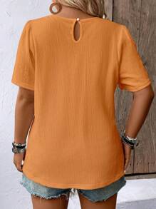 SHEIN LUNE Plus Size Simple Casual Solid Color Pleated Crew Neck Short Sleeve Shirt, Summer - Orange - View 2