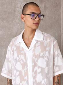 SUMWON Floral Burnout Resort Shirt Relaxed Fit Button Down Semi-Sheer Beach Wedding Summer Party Holiday Designer Vacation Wear Textured Short Sleeve