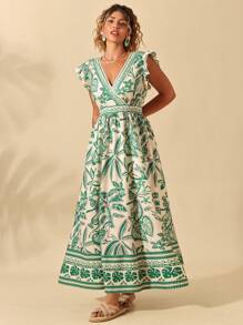 Breezaya Vestido de mujer de talla grande, elegante y casual, de estilo europeo y americano, con cuello en V y cruce en la cintura, falda ancha, adecuado para diversas ocasiones como salidas, citas, vacaciones, reuniones casuales, conmuta. Tela cómoda