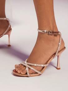 SHUZIA Women's Round Toe Rhinestone Multi Toe Straps High Heel Sandals - Rose Gold - View 3