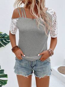 SHEIN LUNE Vacation Casual Contrast Color Lace Splice Asymmetric Collar T-Shirt - Grey - View 6