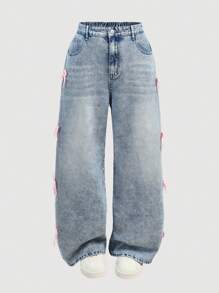 SHEIN MOD Plus Size Casual Loose Fit Bowknot Sweet Blue Jeans, Blue Homecoming Jeans, Party Women Bow Jeans, Wide Leg Women Pants, Baggy Women Pants