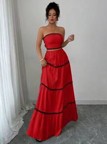 Rafferiza 2pcs Women Elegant Top And Skirt Suit Set - Red - View 3