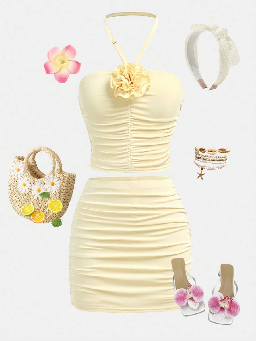 Girlism TEEN GIRL Light Yellow Floral 3D Print Elegant Fitted Camisole With Midi Skirt 2 Pieces Set, Suitable For Weddings - Yellow - View 1