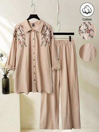 Lacomfia 2 pièces/Ensemble Chemise à manches longues boutonnée avec broderie florale et pantalon pour femme