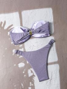 Swim Mod Women's Purple Sparkly High Cut Heart Decor Bandeau Bikini Set For Summer Beach Vacation - Purple - View 2