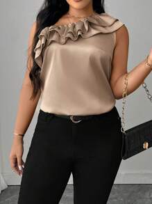 SHEIN Unity Plus Size Women's Elegant Vacation Style One-Shoulder Double Ruffle Trim Blouse, Spring/Summer - Apricot - View 3