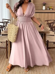 Plus Size Women Deep Shirred Waist Cinched Solid Color Vacation Mini Dress, Sexy