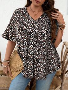 SHEIN LUNE Camicetta casual da donna con scollo a V, maniche arricciate, stampa floreale ditsy, adatta per le vacanze in taglie comode