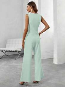 EMERY ROSE Women Solid Color Sleeveless V-Neck Vest And Pants Set - Green - View 2