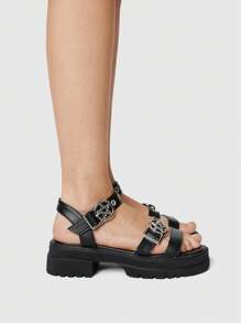 ROMWE Women's Summer Open Toe Dark Rock Punk Goth Roman Beach Sandals, Star Strap Platform Wedge Sandals Spring Shoes Spring Break Easter, Halloween For Christmas - Black - View 5