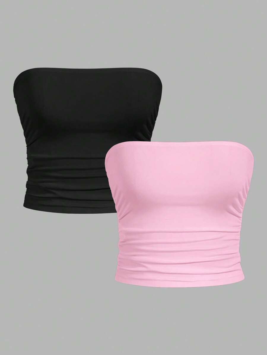 SHEIN EZwear 2 件套女士简约舒适褶皱抹胸和吊带背心套装，适合夏季，黑色和粉色 - 彩色 - 查看 1