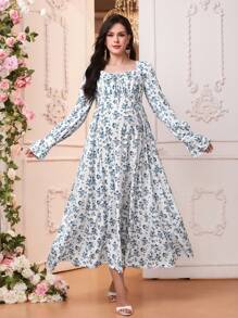SHEIN Elegantes Umstandskleid mit Blumen Muster, quadratischem Ausschnitt und Rüscheneinsätzen an Ärmeln und Saum - Blau-Weiß - Übersicht 3