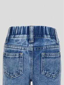 Baby Girls Fashionable Washed Light Blue Denim Heart Print Casual Soft Elastic Waist Jeans - Medium Wash - View 4