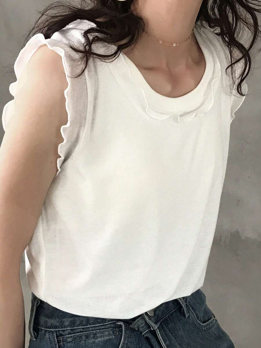 FRIFUL Women's Frill Trim Color Block Cropped Cami Tank, Casual Sleeveless Top For Layering, Y2K Style - White - View 1