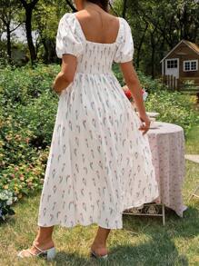 SHEIN 夏季优雅郁金香花卉印花长款孕妇装 - 米色 - 查看 2