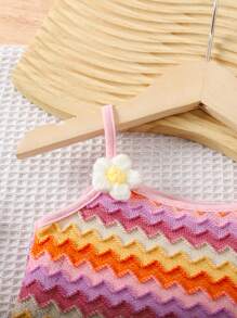 SHEIN 女婴可爱针织花卉印花吊带背心和松紧腰裙套装，夏季 - 彩色 - 查看 3