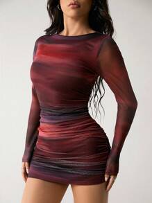 SHEIN PETITE Váy ngắn bó sát cổ tròn in họa tiết tie-dye dành cho nữ dài tay - Đỏ - Xem 5