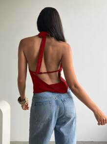 Aloruh Women's Sexy Music Festival Party Evening Daily Outings And Dates Solid Color Glitter Fabric Vacation Swing Collar Backless Knitted Halter Black Tank