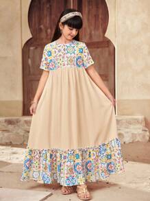 SHEIN Sukienka dziewczęca z luźnym krojem i okrągłym dekoltem w stylu wakacyjnym w blokach kolorów - Musztardowy żółty - Zobacz 5