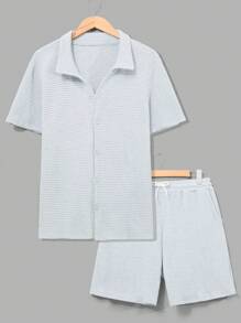 RueChic Conjunto de camisa e shorts regular de tecido rendado especial para homens, moda verão