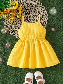 Baby Girl Solid Color Button Decor Casual Strap Dress - Yellow - View 2