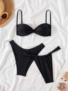 Swim Basics Women's 3 Pieces Black Nylon Simple Beach Vacation Style Bikini Set - Black - View 1