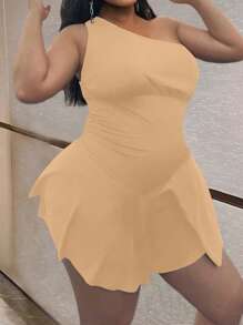 Maweii 大码女式纯色针织性感单肩二合一连体裤夏季 - 杏色 - 查看 6