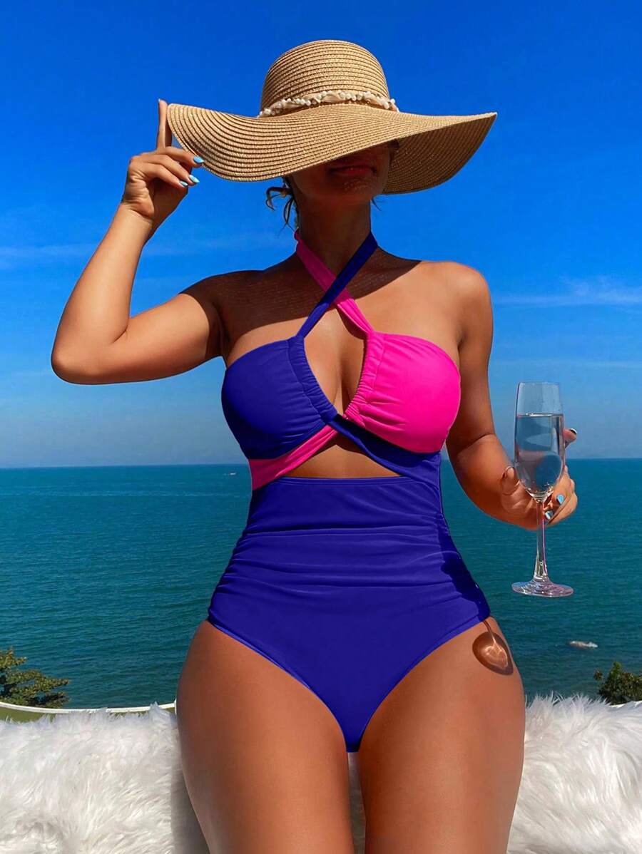 SHEIN Swim 女士拼色镂空吊带连体泳衣,度假海滩 - 寶藍色 - 查看 1