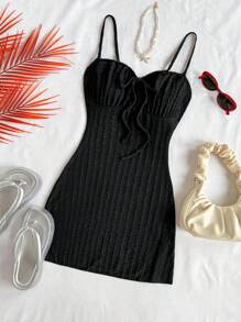 Soleia 女士休闲无袖中长紧身连衣裙，纹理面料，春夏 - 黑色 - 查看 3