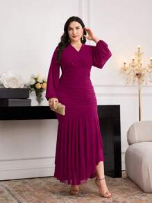 Modelyn Plus Size Elegant Solid Color Lantern Sleeve Dress Purple Fall - Red Violet - View 7