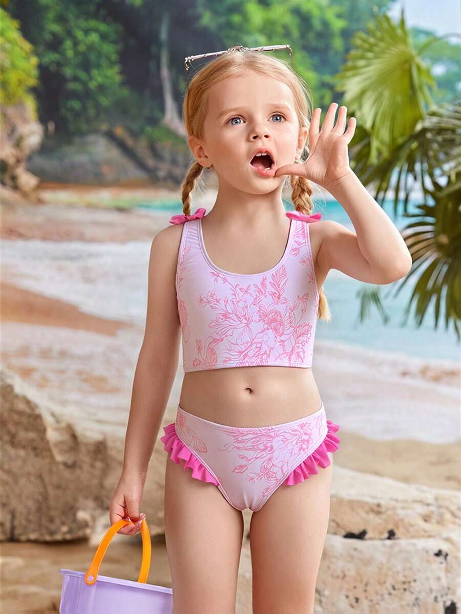 SHEIN Young Girls Bikini Sets Cute Pink Butterfly Floral Print Shoulder Bow Underpants Peplum Swimsuit Fashion Casual Dainty Gorgeous Lady Swimsuit For Swimming For Vacation For Summer Kids Swimming ,Kids Beachwear - Pink - View 1
