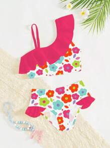 SHEIN 女童花卉印花单肩荷叶边比基尼套装，家庭装妈妈和我（4 件单独出售） - 彩色 - 查看 1